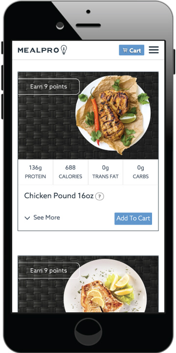 MealPro is a tasty food subscription box company. Ordering healthy food online has never been easier. MealPro is a food subscription box startup. The picture shows MealPro's graphical user interface on the menu page